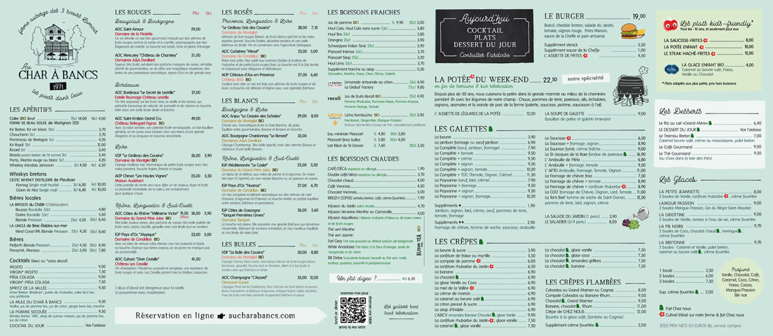 Menu du Char à Bancs à Plélo, ferme auberge à Plélo, Bretagne 22