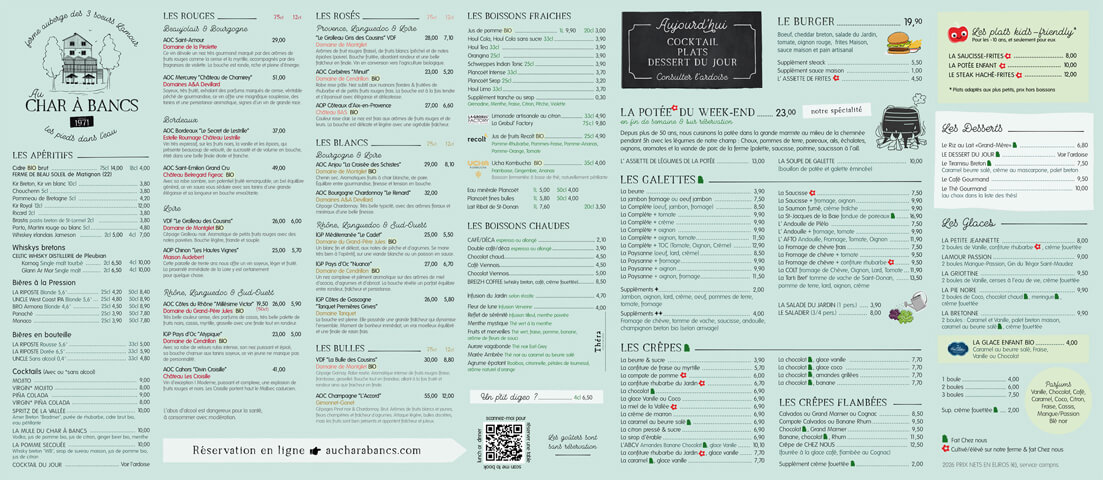 Menu de la ferme auberge crêperie Au Char à Bancs à Plélo, Bretagne 22
